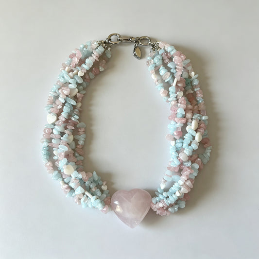 Multi-Strand Natural Rose Quartz Heart Statement Necklace with Aquamarine & Mother of Pearl Hearts