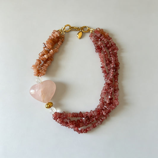 Multi-Strand Natural Rose Quartz Heart Statement Necklace with Strawberry Quartz & Sunstone