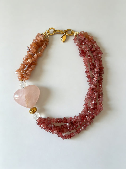 Multi-Strand Natural Rose Quartz Heart Statement Necklace with Strawberry Quartz & Sunstone