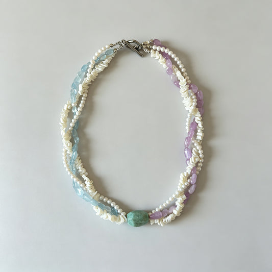 Handmade Multi‑Layer Choker | Natural Kunzite, Aquamarine, Amazonite, Shell & Pearl Beaded Necklace