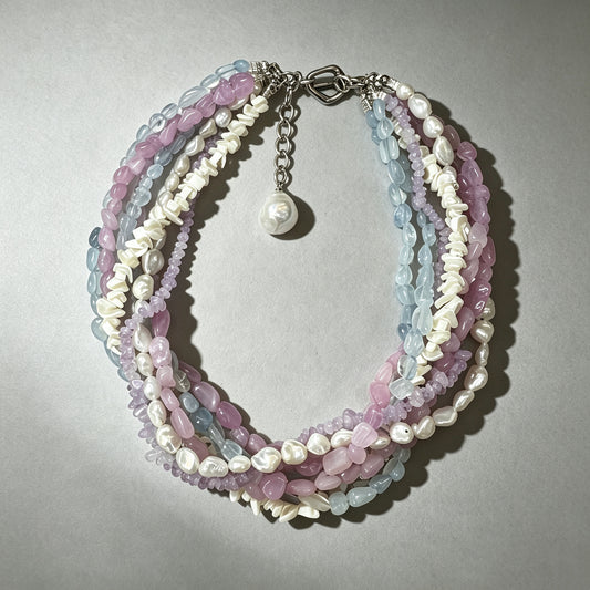 Natural Amethyst Kunzite Aquamarine Pearl & Shell Multi‑Strand Necklace | Gold‑Plated Titanium Steel, Hypoallergenic & Fade‑Resistant