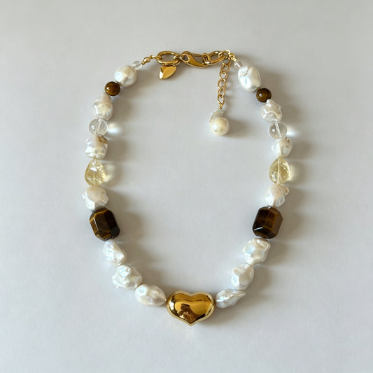 Natural Tiger's Eye & Baroque Pearl Statement Necklace with Citrine and Clear Quartz