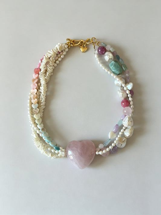 Multi-Strand Natural Rose Quartz Heart Statement Necklace with Baroque Pearls & Mixed Gemstones