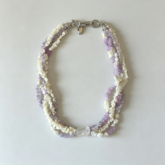Multi‑Strand Kunzite Amethyst Crystal Choker, Shell & Freshwater Pearl Handmade Women Statement Necklace
