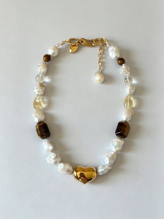 Natural Tiger's Eye & Baroque Pearl Statement Necklace with Citrine and Clear Quartz