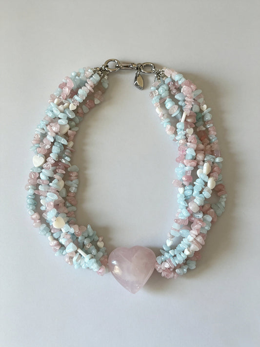 Multi-Strand Natural Rose Quartz Heart Statement Necklace with Aquamarine & Mother of Pearl Hearts