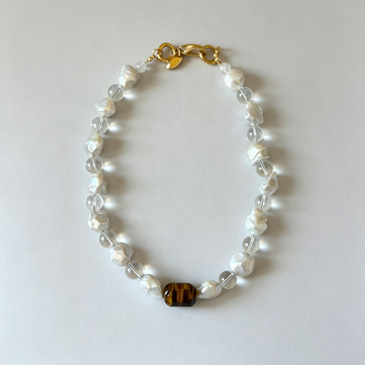 Natural Tiger's Eye & Baroque Pearl Statement Necklace with Clear Quartz