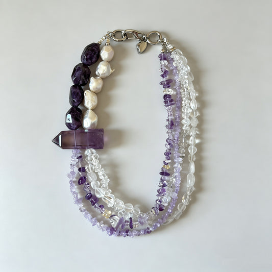 Multi-Strand Natural Amethyst Point Statement Necklace with Baroque Pearls & Clear Quartz