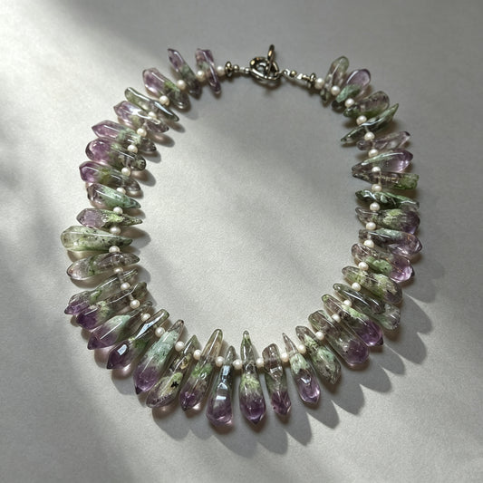 Natural Bi‑Color Amethyst Spear Point Choker Necklace, Teardrop Prism Gemstone with Freshwater Pearl Handmade Statement Collar Necklace