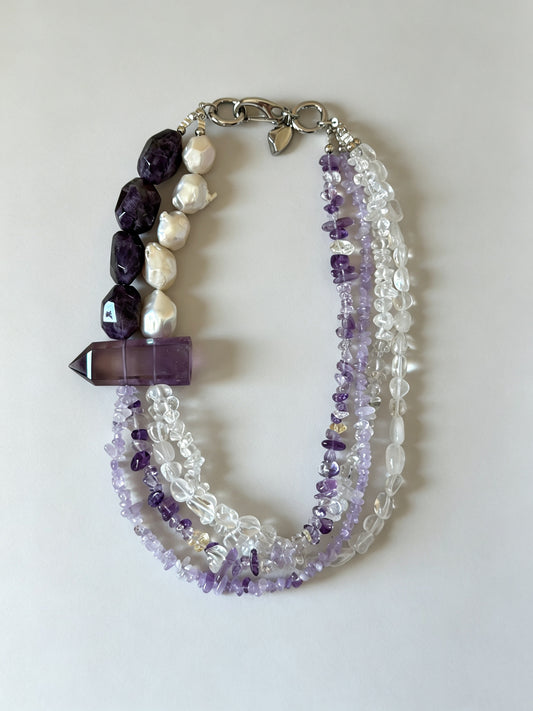 Multi-Strand Natural Amethyst Point Statement Necklace with Baroque Pearls & Clear Quartz