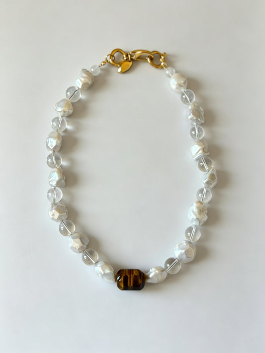 Natural Tiger's Eye & Baroque Pearl Statement Necklace with Clear Quartz