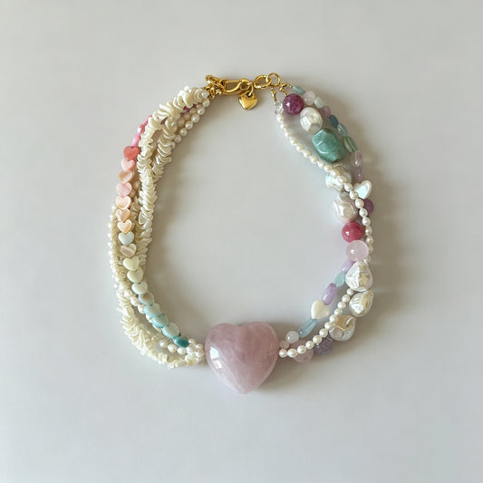 Multi-Strand Natural Rose Quartz Heart Statement Necklace with Baroque Pearls & Mixed Gemstones