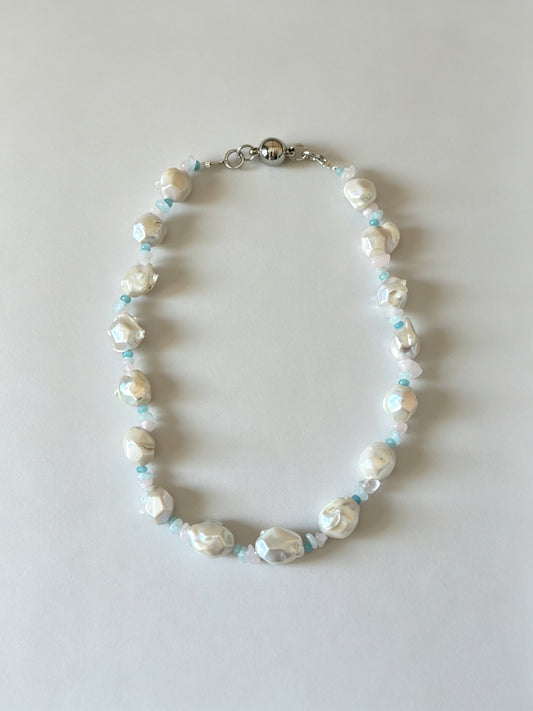 Baroque Pearl Necklace with Mixed Natural Gemstones & Magnetic Titanium Steel Clasp