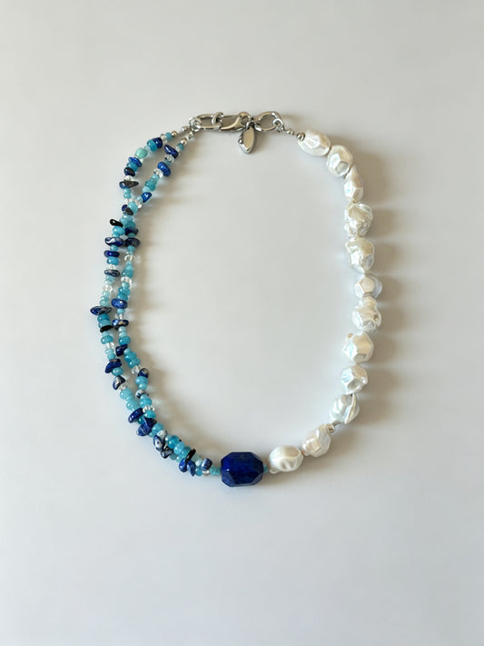 Multi-Strand Natural Lapis Lazuli Statement Necklace with Baroque Pearls & Mixed Blue Gemstones