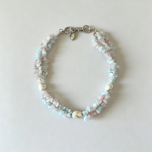 Natural Aquamarine & Morganite Chip Choker Necklace, Baroque Pearl Statement Necklace