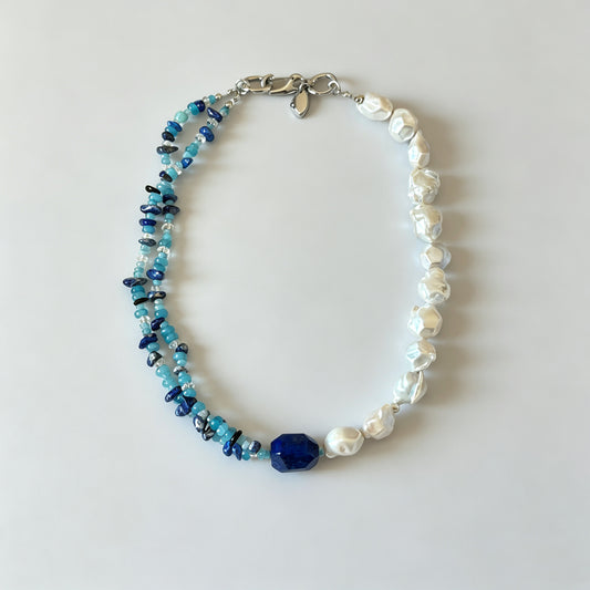 Multi-Strand Natural Lapis Lazuli Statement Necklace with Baroque Pearls & Mixed Blue Gemstones